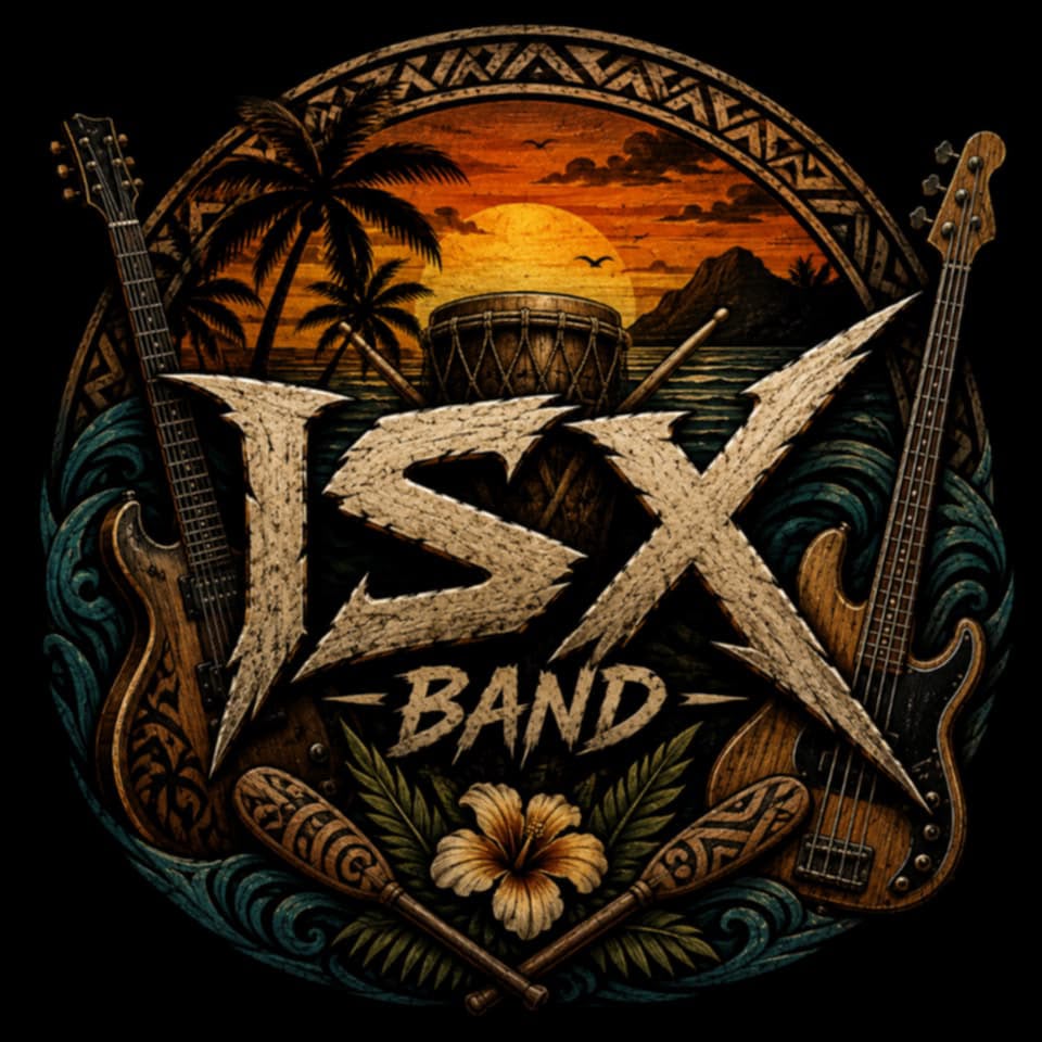 ISX Band emblem with guitars, ocean and island sunset